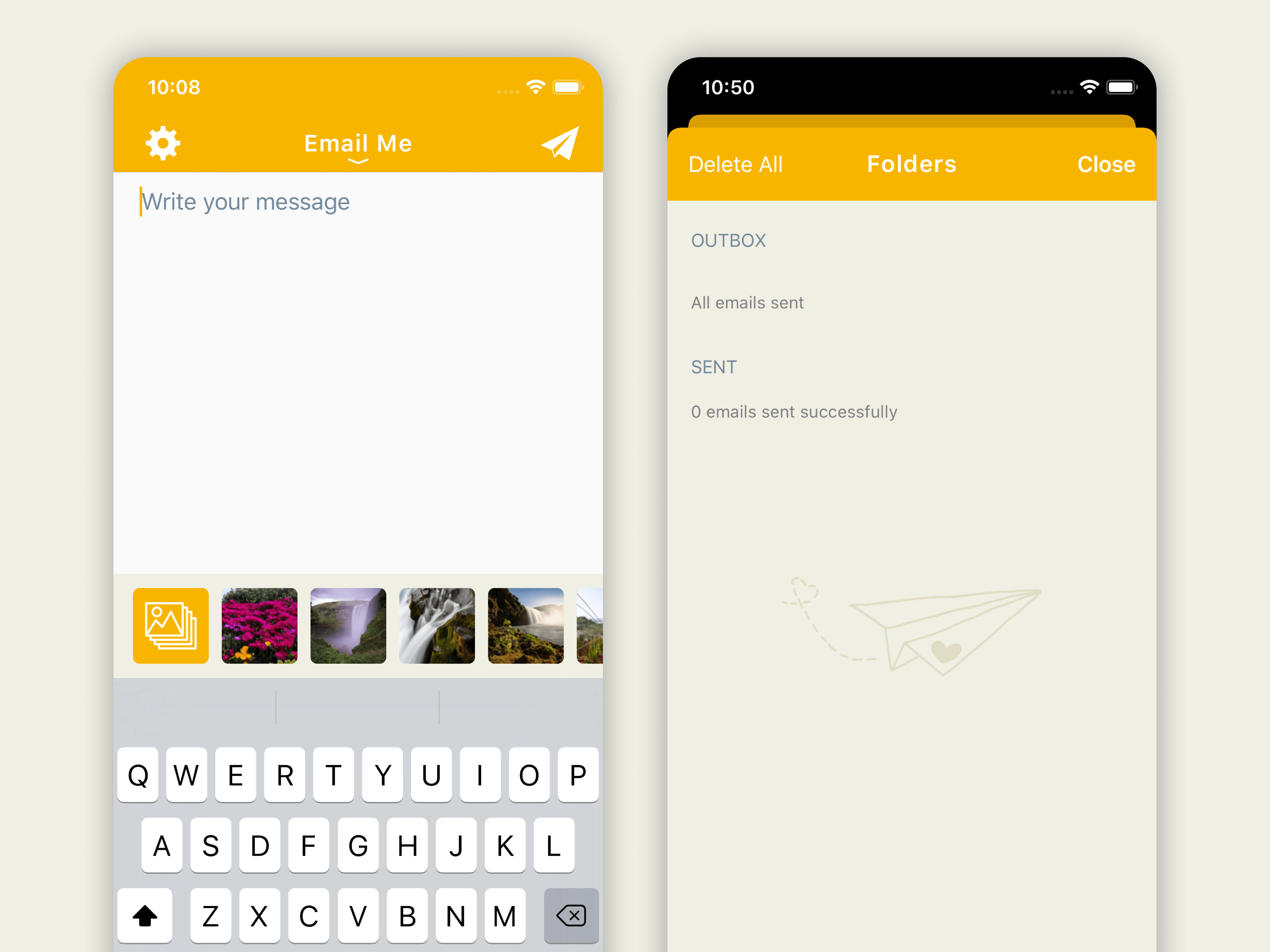 Función de Carpetas de Email Me App mostrando secciones organizadas para Bandeja de salida, Destacados y Enviados con acciones deslizantes